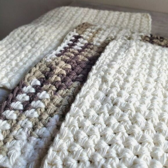 3 Crochet DISHCLOTH WASHCLOTH 100% Cotton Handmade Brown Variegated Off White - Picture 7 of 8